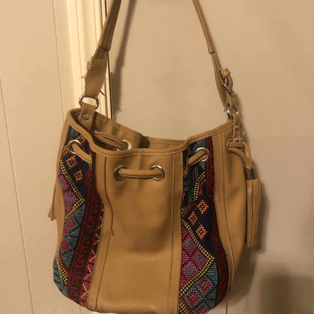 Tan Boho-Style Shoulder Bag with Multicolor Embroidered Panels